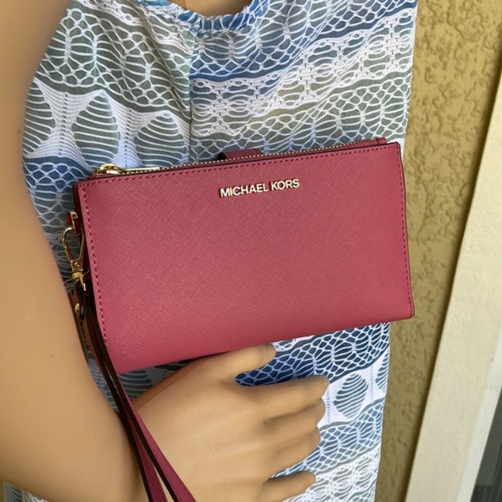 Michael Kors Jet Set Travel Large Double Zip Wristlet Wallet Rosewood Leather - Picture 15 of 16